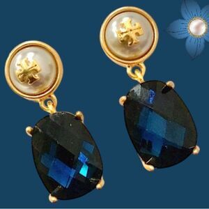 TORY BURCH KIRA LOGO BLUE ZIRCONIA AND FAUX PEARL